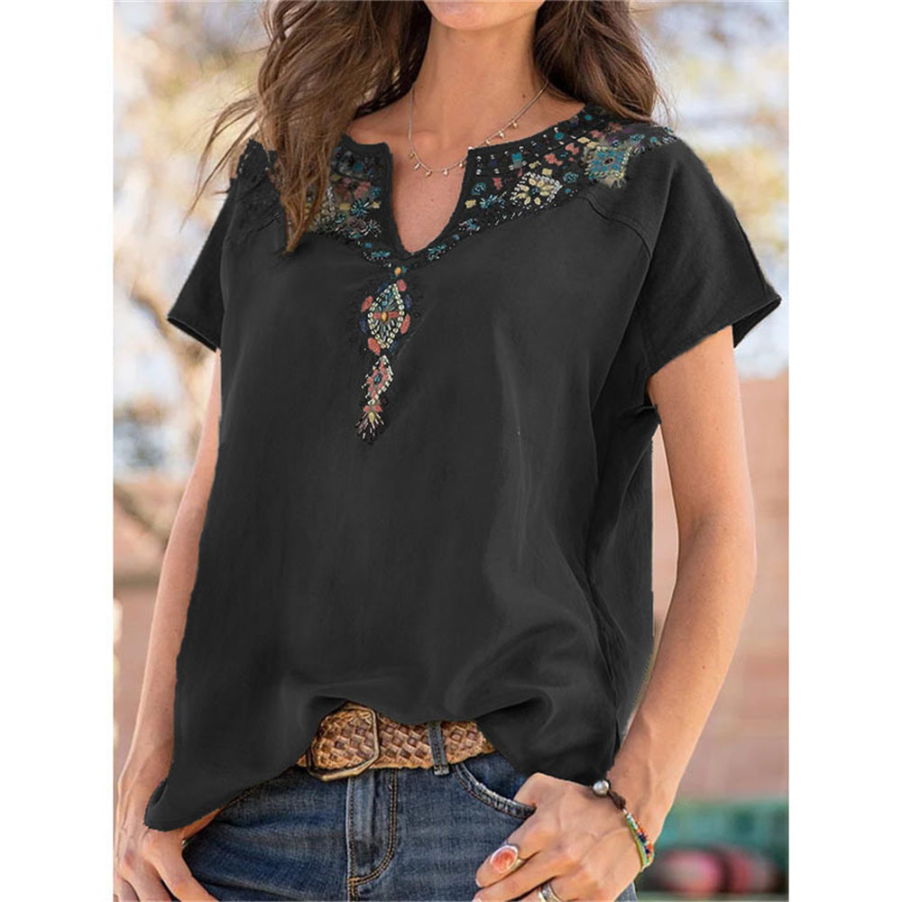 JuliaFashion - 2024 Women's Loose Western Ethnic Style V-Neck Short-Sleeve T-shirt