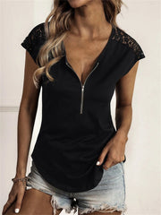 JuliaFashion - 2024 Women Solid O-Neck Half Zipper Stitching Lace Short-Sleeve Blouse