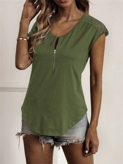 JuliaFashion - 2024 Women Solid O-Neck Half Zipper Stitching Lace Short-Sleeve Blouse