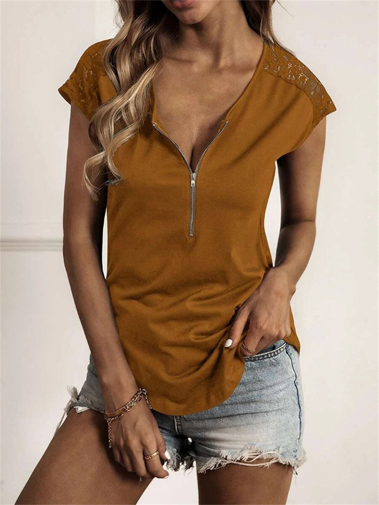 JuliaFashion - 2024 Women Solid O-Neck Half Zipper Stitching Lace Short-Sleeve Blouse