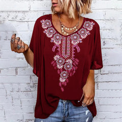 JuliaFashion - 2024 Women Vintage Ethnic Printed Ruffle Sleeve Round Neck T-Shirt
