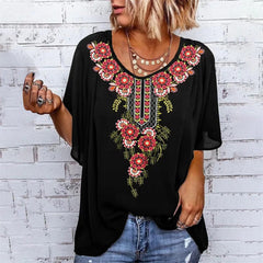 JuliaFashion - 2024 Women Vintage Ethnic Printed Ruffle Sleeve Round Neck T-Shirt
