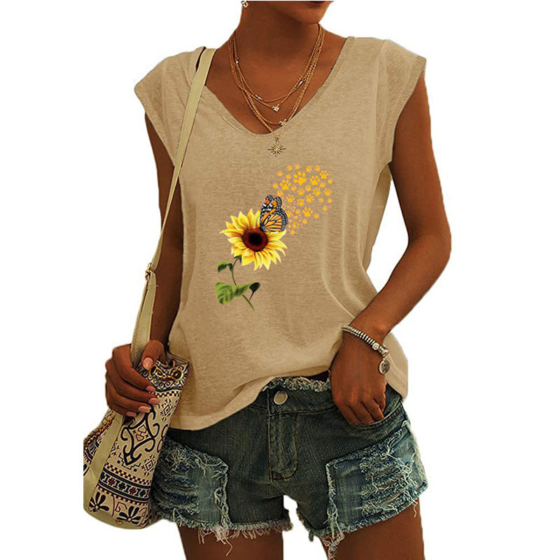 JuliaFashion - 2024 Women's Butterfly Print V-Neck Cap Sleeve Tank Top