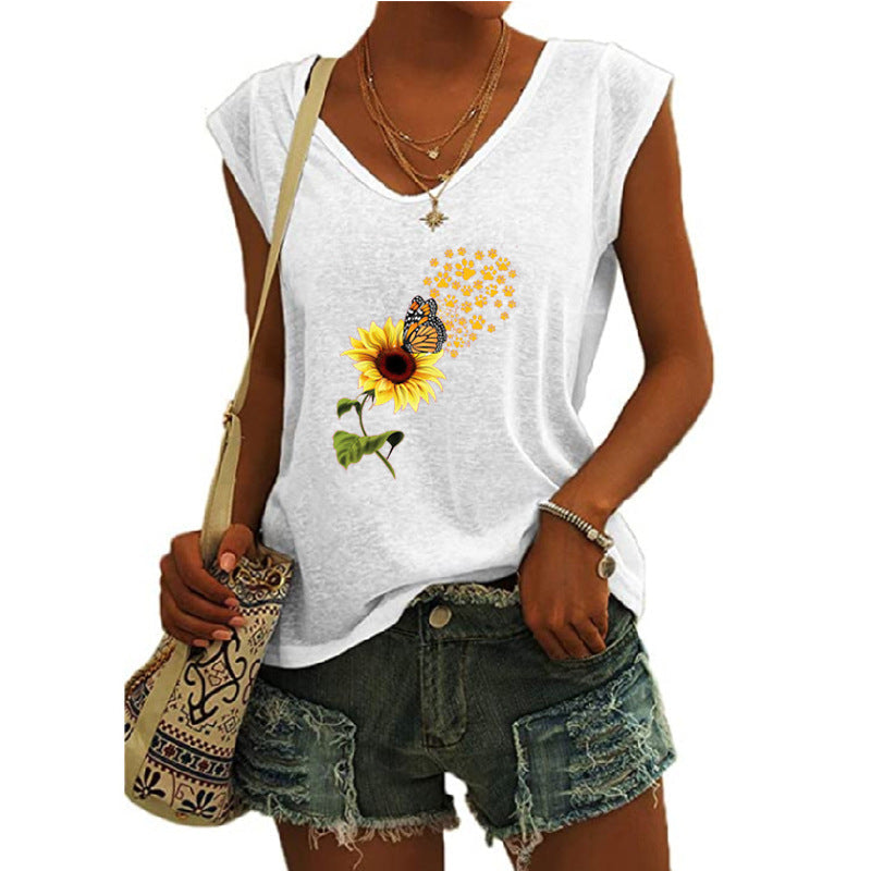 JuliaFashion - 2024 Women's Butterfly Print V-Neck Cap Sleeve Tank Top