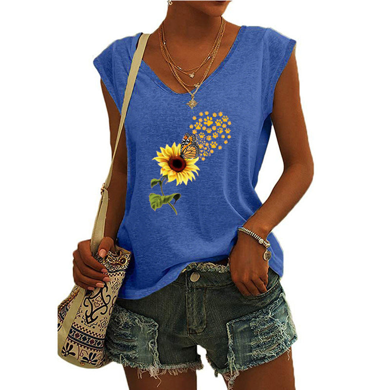 JuliaFashion - 2024 Women's Butterfly Print V-Neck Cap Sleeve Tank Top