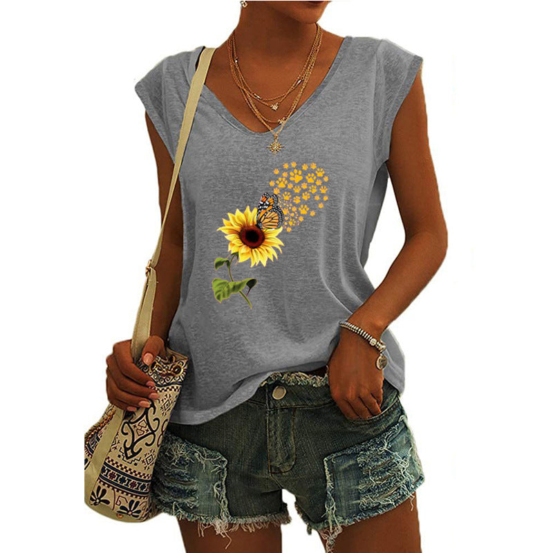 JuliaFashion - 2024 Women's Butterfly Print V-Neck Cap Sleeve Tank Top