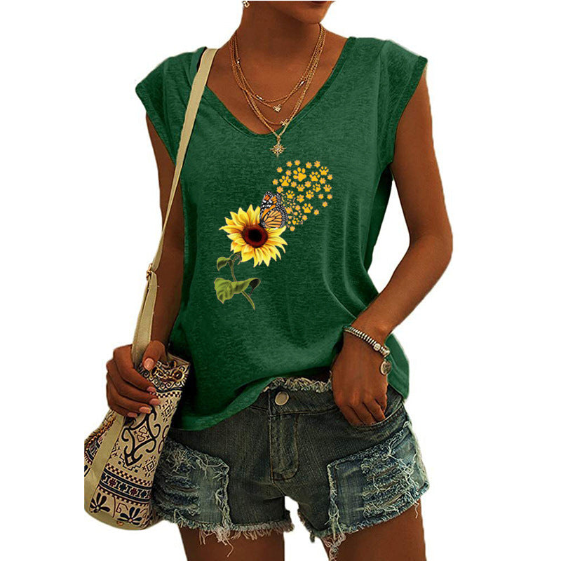 JuliaFashion - 2024 Women's Butterfly Print V-Neck Cap Sleeve Tank Top