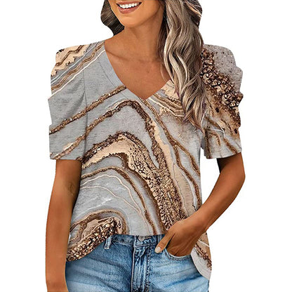 JuliaFashion - 2024 Women's Smocked Stitching V-neck Short-sleeved Printed T-shirt tops