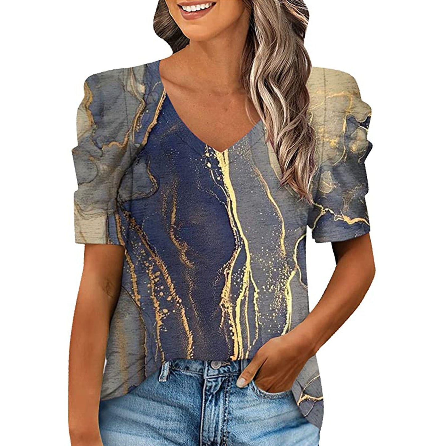 JuliaFashion - 2024 Women's Smocked Stitching V-neck Short-sleeved Printed T-shirt tops