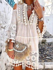JuliaFashion - Women Elegant V-Neck Drawstring Tassel Design Party Dress