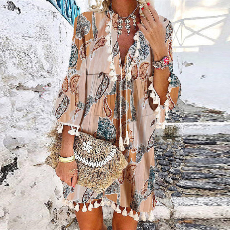 JuliaFashion - 2024 Women Elegant V-Neck Drawstring Tassel Design Party Dress