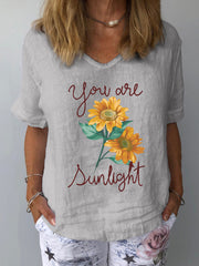 JuliaFashion - 2024 Women V-Neck Loose Casual Linen Petal Print T-Shirt