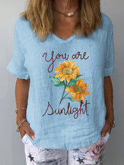 JuliaFashion - 2024 Women V-Neck Loose Casual Linen Petal Print T-Shirt