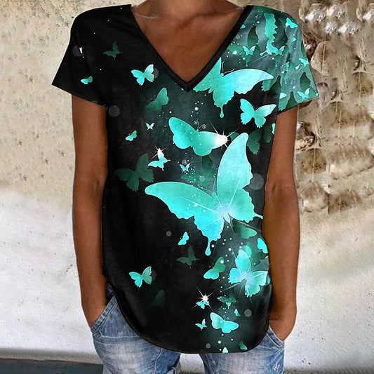 JuliaFashion - 2024 Women's Butterfly Painting Butterfly Loose V-Neck Print Basic Tops