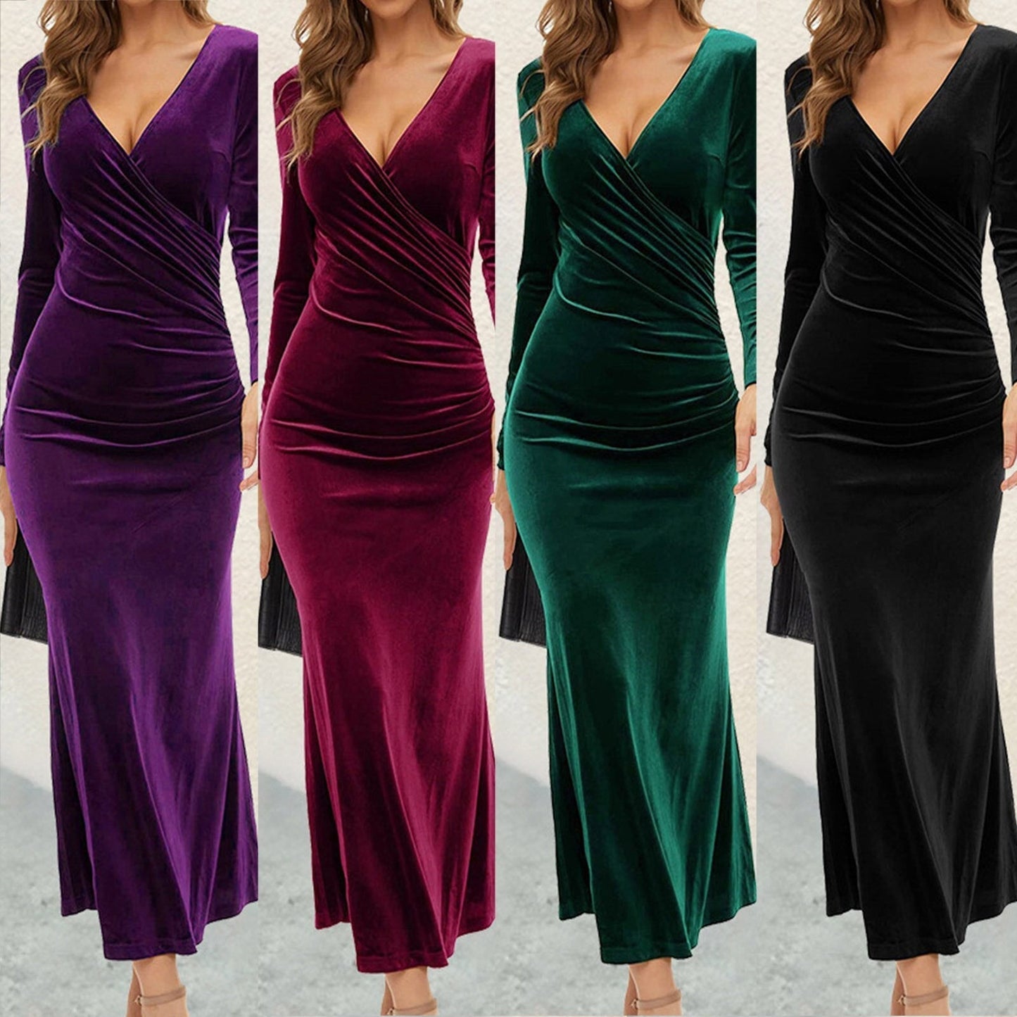 JuliaFashion - 2024Slim Fit Ruched Velvet Evening Midi Dress