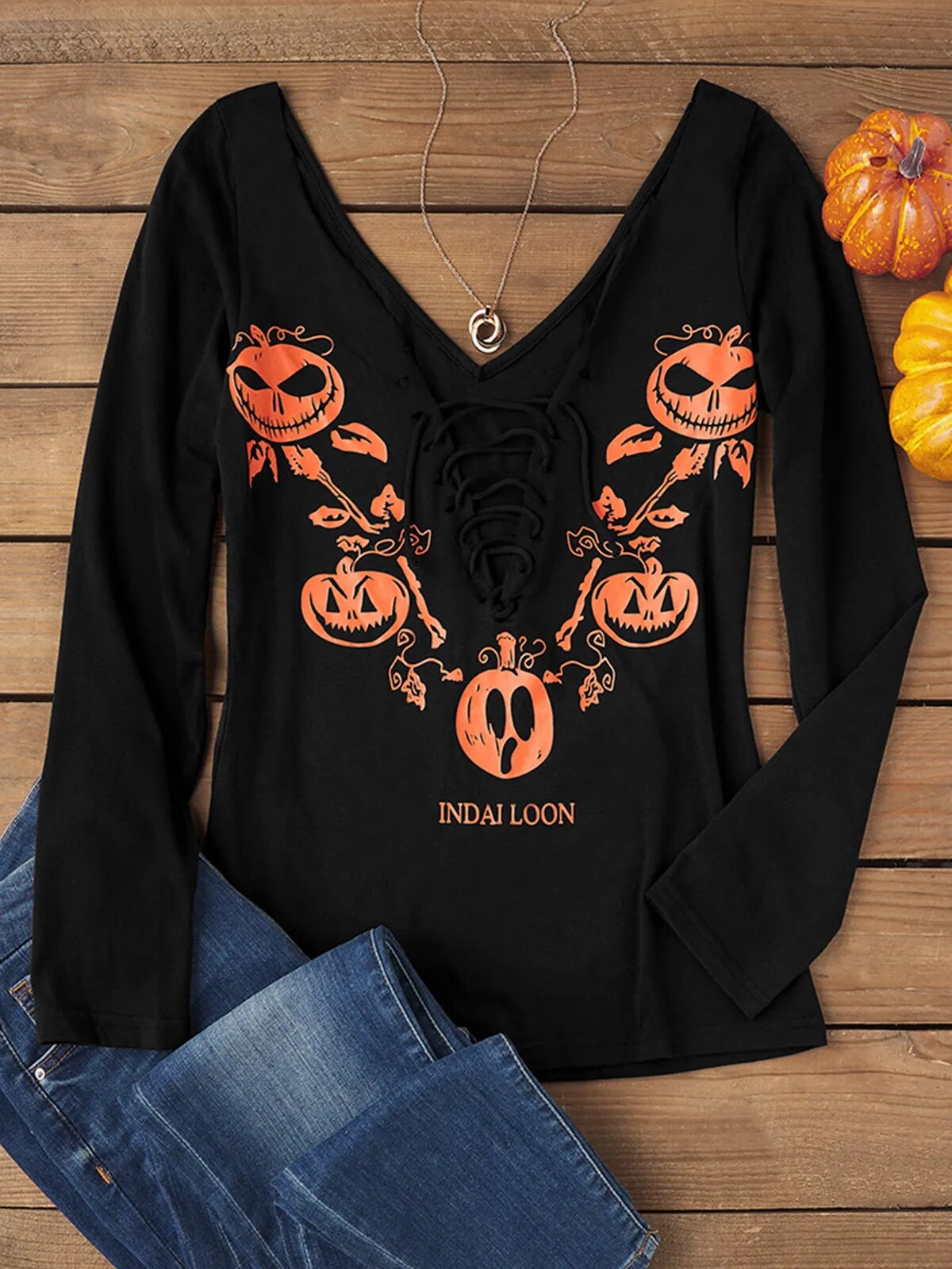 JuliaFashion-Halloween Pumpkin Face Lace-Up Blouse