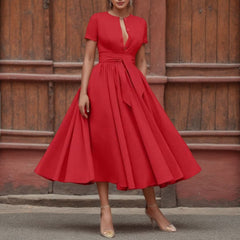 JuliaFashion - Vintage Solid Short Sleeve Maxi Dress
