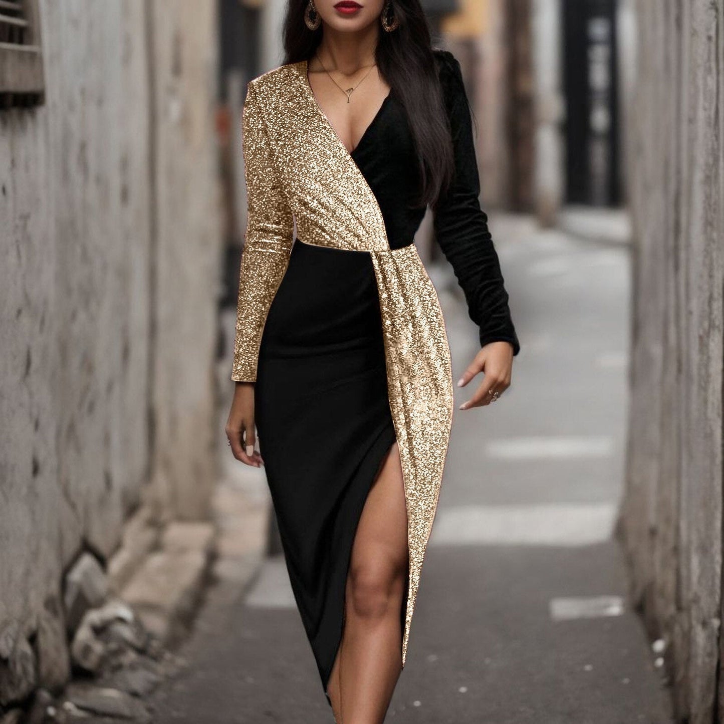 JuliaFashion-Luxury Black Gold Sequins High Waist Midi Dress