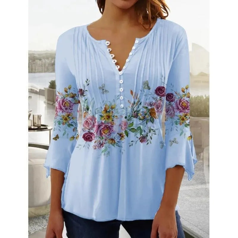 JuliaFashion-Comfortable Flower Print V-Neck Blouses