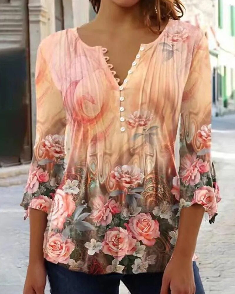 JuliaFashion-Comfortable Flower Print V-Neck Blouses