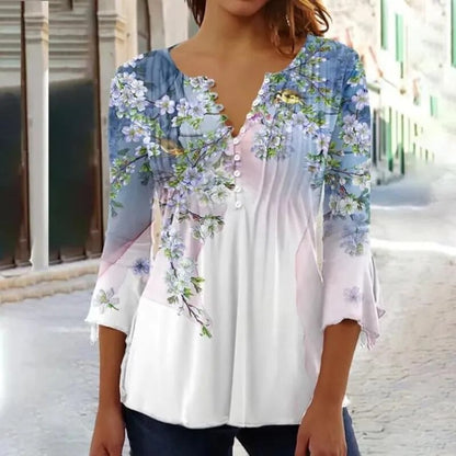 JuliaFashion-Comfortable Flower Print V-Neck Blouses