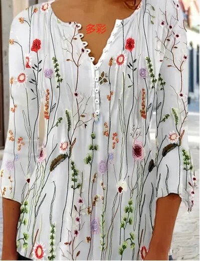 JuliaFashion-Comfortable Flower Print V-Neck Blouses