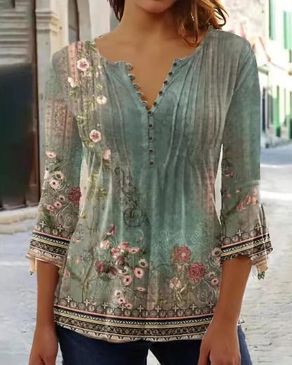 JuliaFashion-Comfortable Flower Print V-Neck Blouses