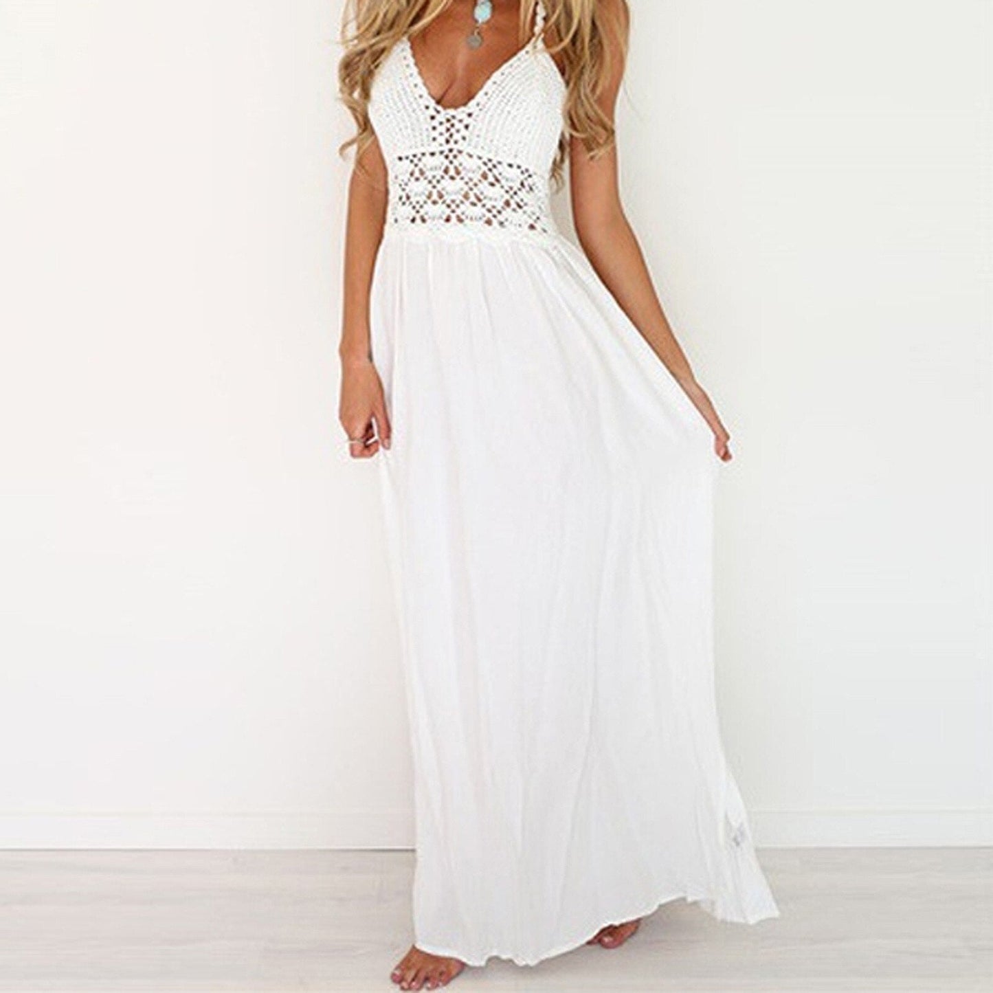 JuliaFashion-Boho Lace Patchwork Strapless Maxi Dress