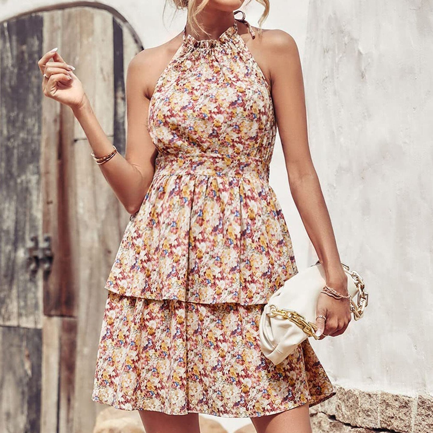 JuliaFashion-Floral Print Backless Sleeveless Vintage Boho Dress