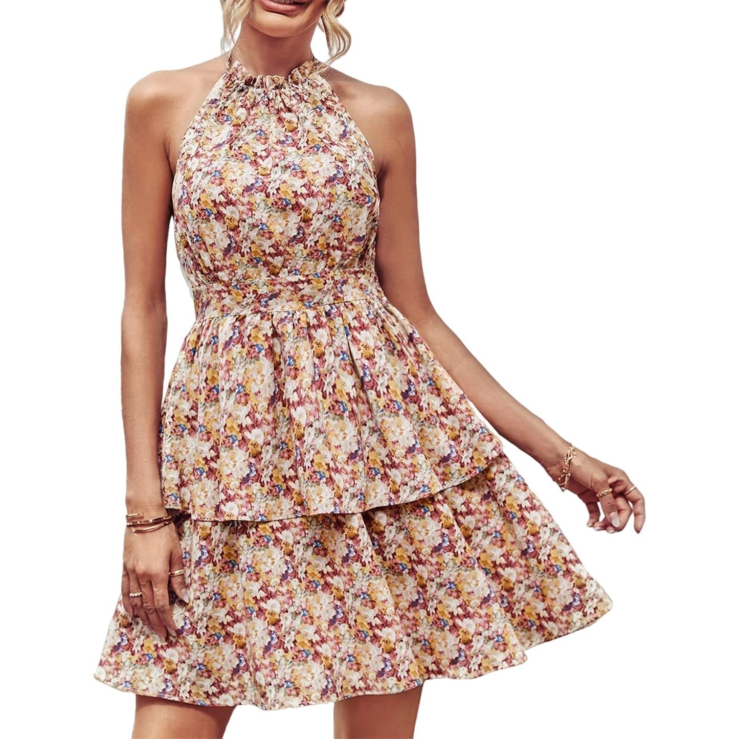 JuliaFashion-Floral Print Backless Sleeveless Vintage Boho Dress