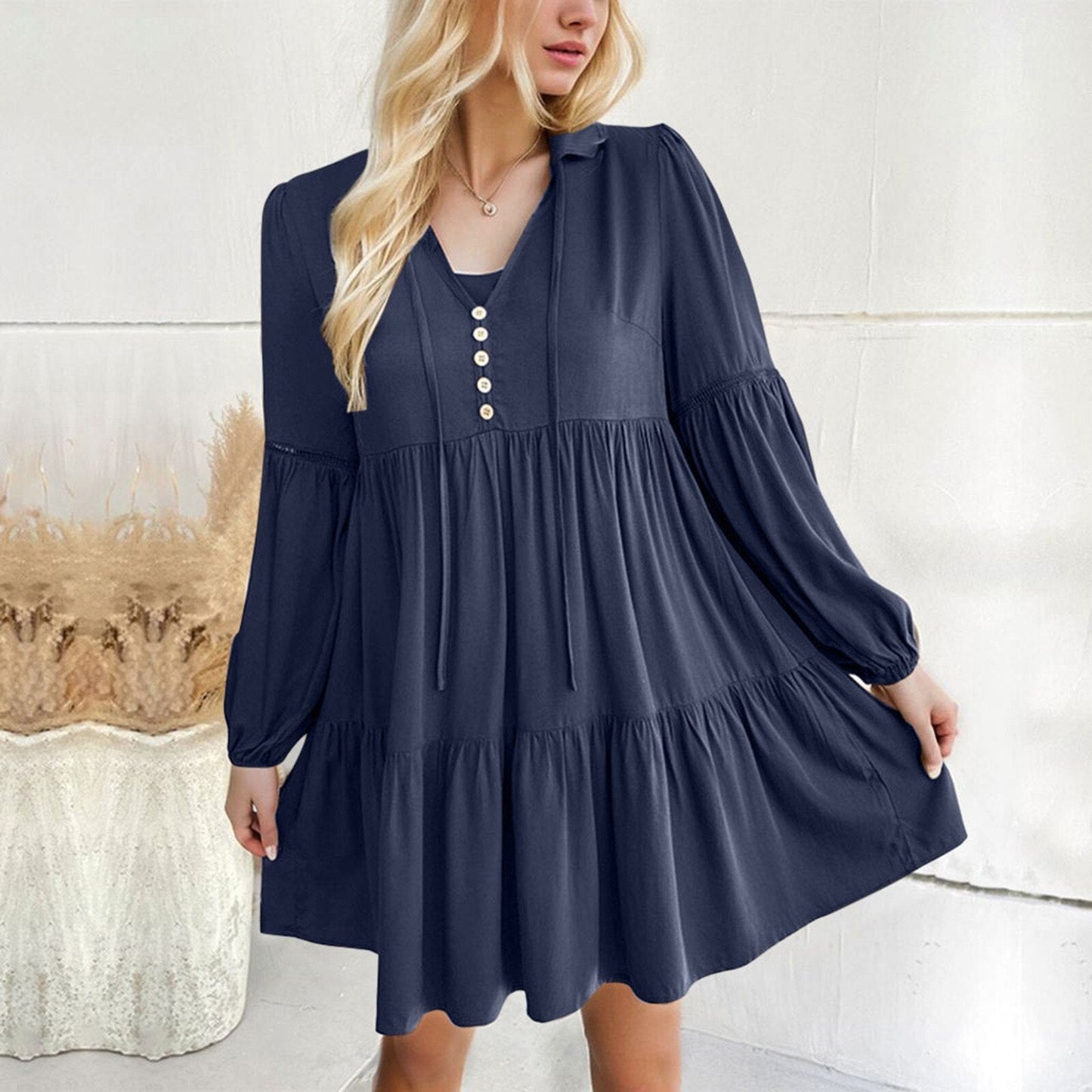 JuliaFashion - 2024 Sweet Long Flare Sleeve V-neck Mini Dress