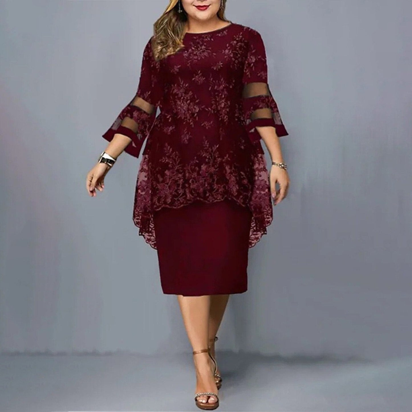 JuliaFashion-Plus Size Lace Mesh Elegant Midi Dress