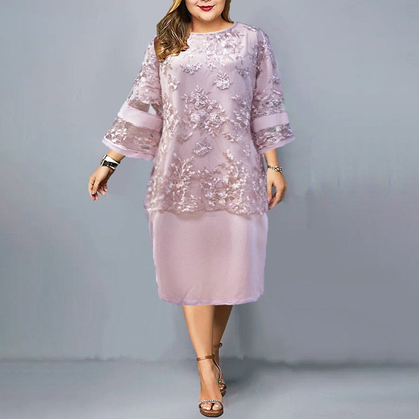 JuliaFashion-Plus Size Lace Mesh Elegant Midi Dress
