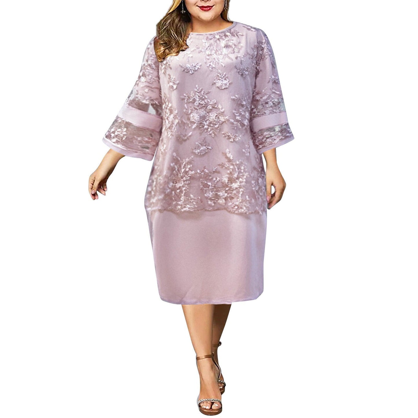 JuliaFashion-Plus Size Lace Mesh Elegant Midi Dress