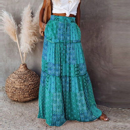 JuliaFashion-Bohemian A-line Flowy Maxi Skirt with Pockets