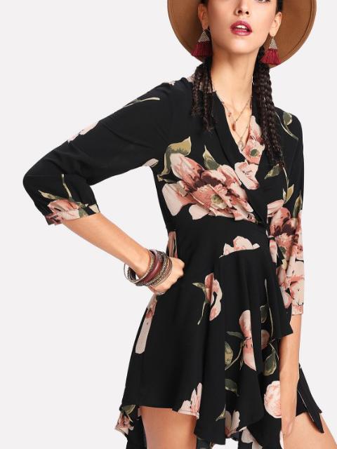 JuliaFashion-Flora Printed Surplice Mini Dress