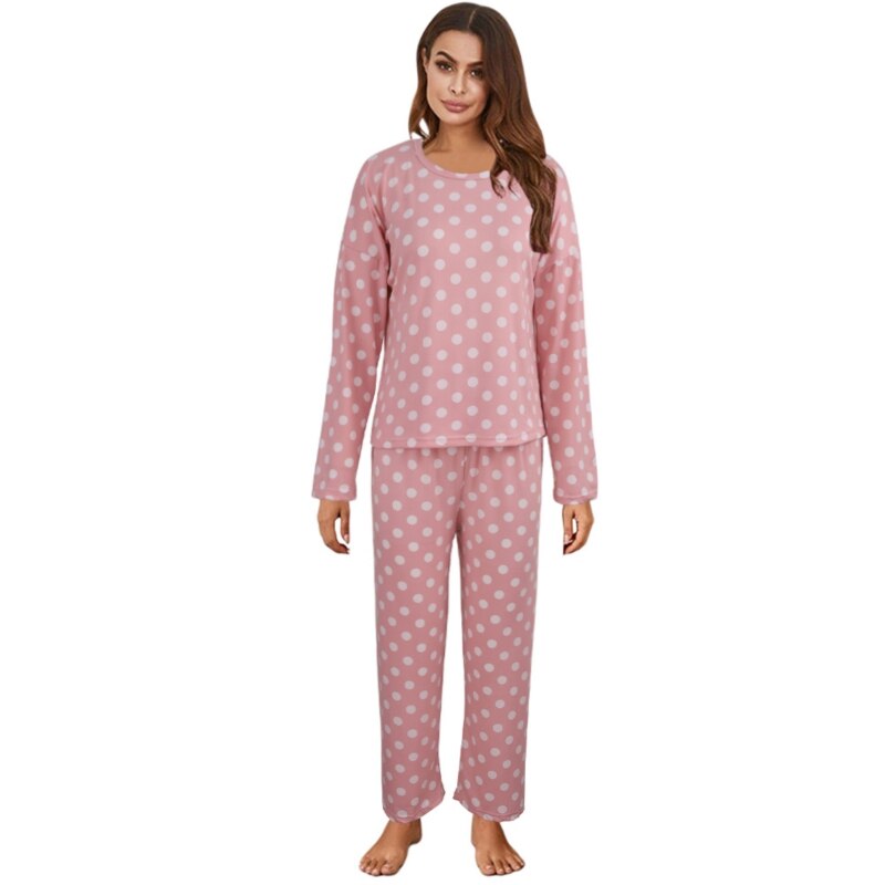 JuliaFashion-Polka Dot Long Sleeve Tops Long Pants Pajamas Set
