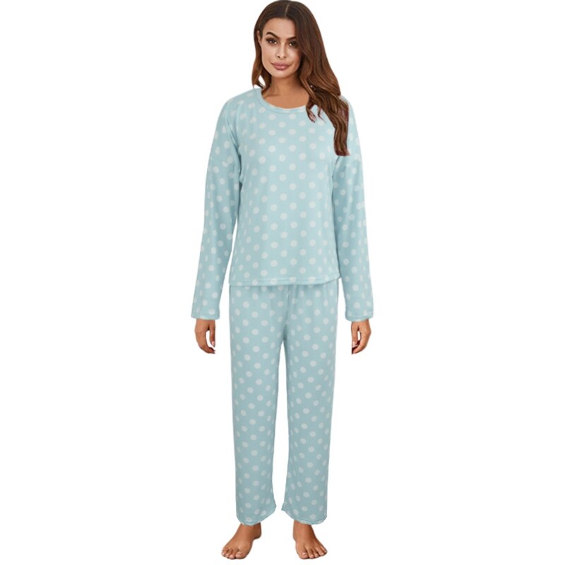 JuliaFashion-Polka Dot Long Sleeve Tops Long Pants Pajamas Set