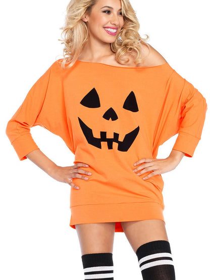 JuliaFashion - 2024 Trick Or Treat Pumpkin Print Cold Shoulder Mini Dress