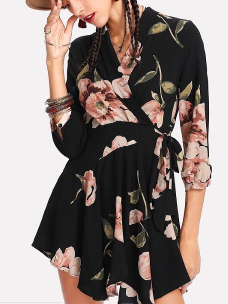 JuliaFashion-Flora Printed Surplice Mini Dress