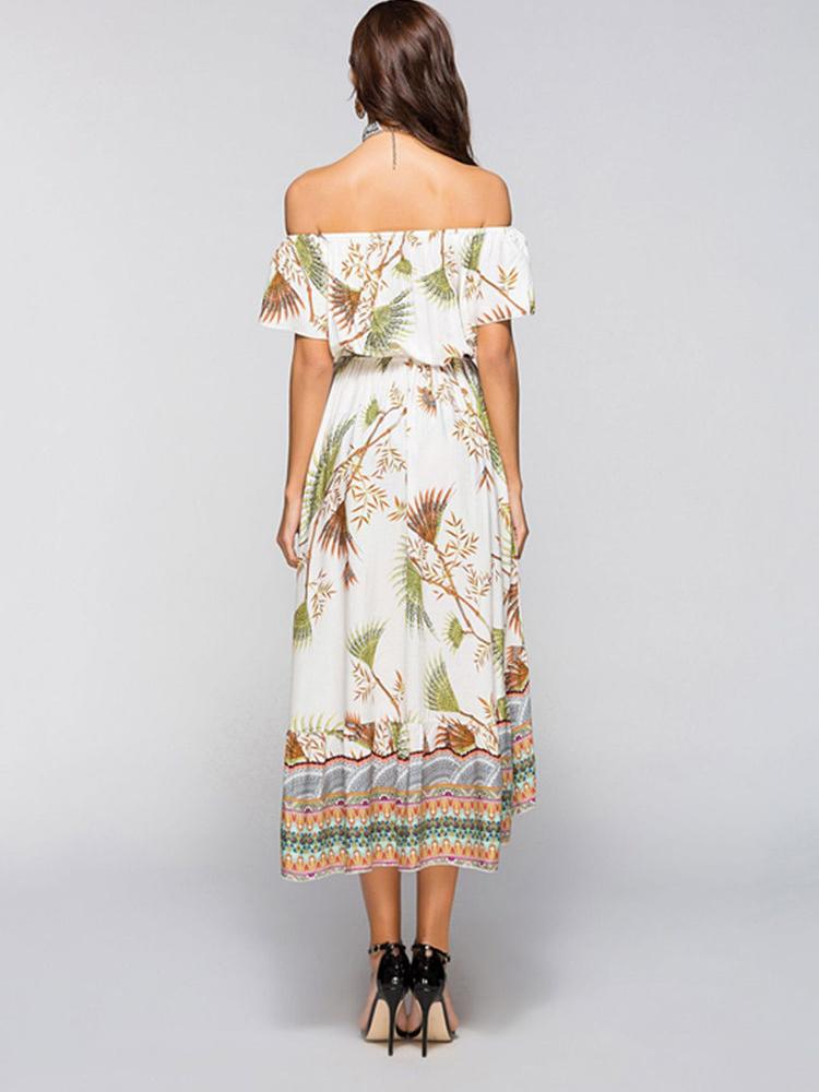 JuliaFashion-Feels Right Leafy Print Off Shoulder Midi Dress