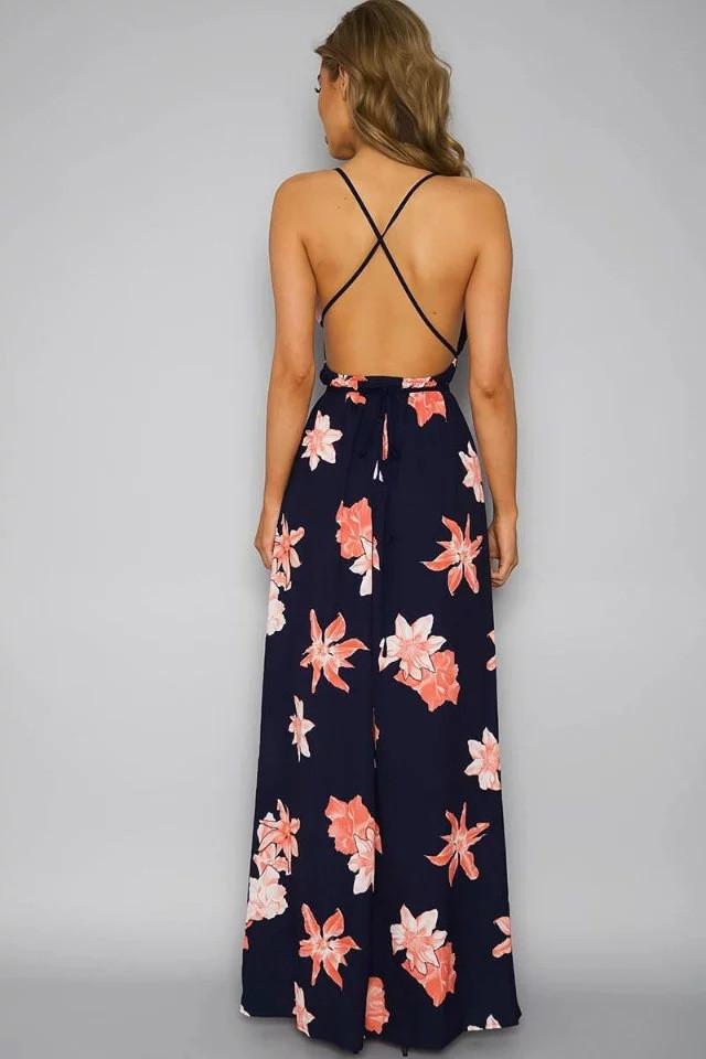 JuliaFashion-Floral Allover Plunging Neck High Slit Maxi Dress