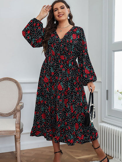 JuliaFashion - 2024 Print V-Neck Swing High Waist Loose Midi Dresses