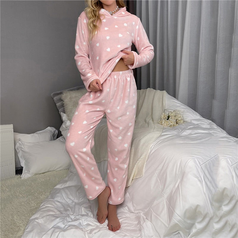 JuliaFashion-Hooded Rabbit Ear Winter Warm Flannel Pajama