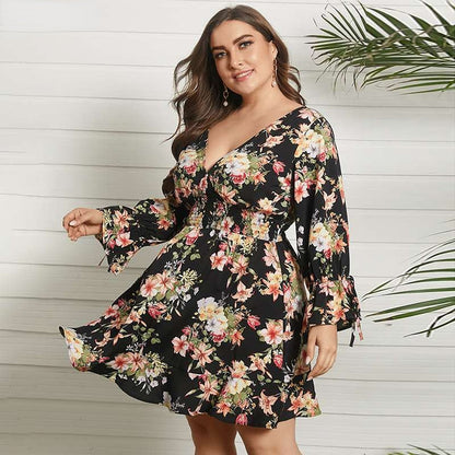 JuliaFashion-Long Sleeve V-Neck Sexy Floral Printed Mini Sundress