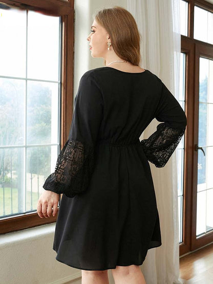 JuliaFashion-Lace Patchwork Long Lantern Sleeve Mini Dress