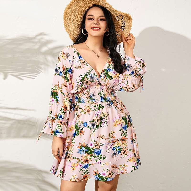 JuliaFashion-Long Sleeve V-Neck Sexy Floral Printed Mini Sundress