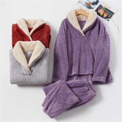 JuliaFashion - 2024  Solid Long Sleeve Winter Fluffy Pijama Suit