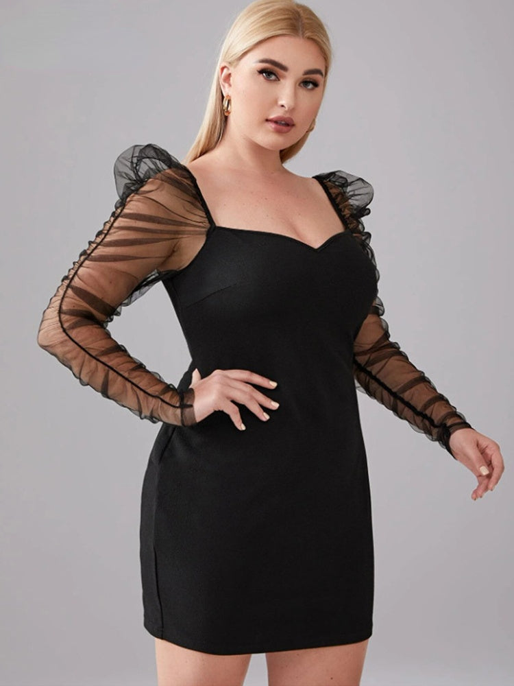 JuliaFashion-Mesh Long Sleeve Bodycon Curvy Party Dress