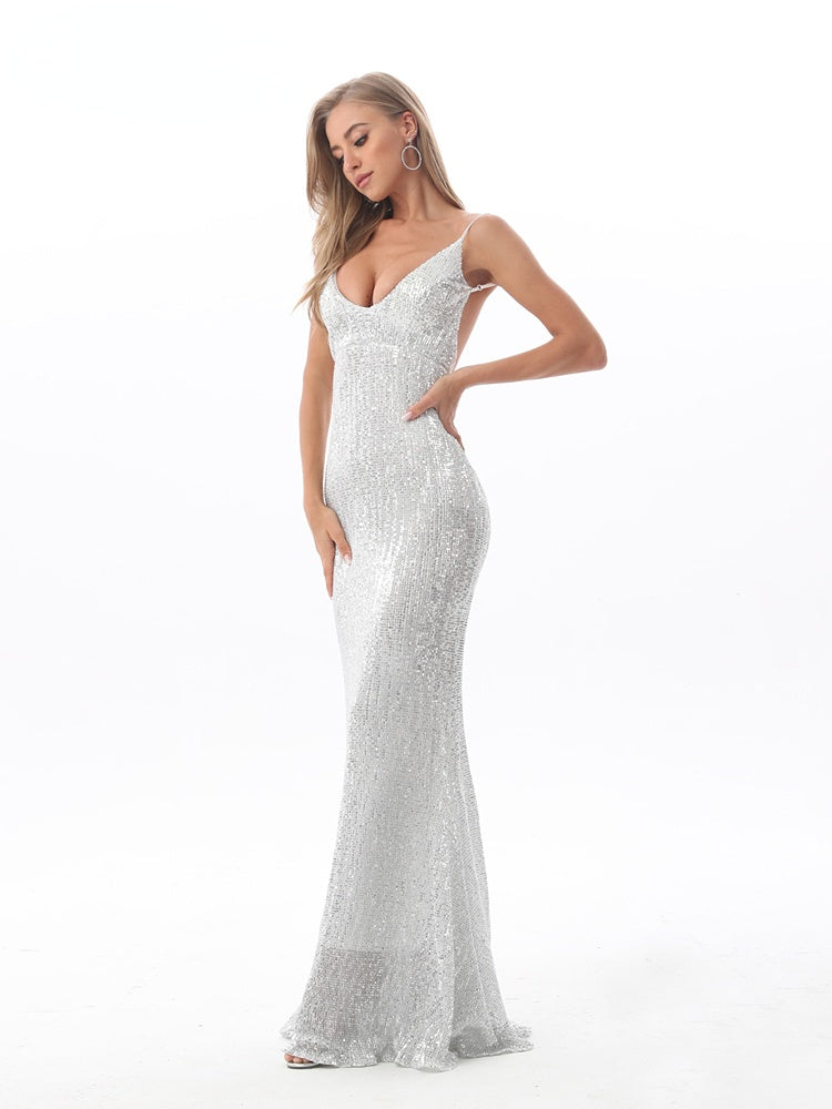 JuliaFashion - 2024 Sequined Evening Backless Deep V-Neck Wedding Dress